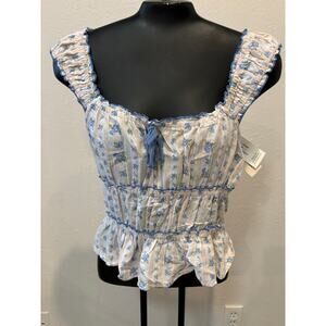 Sim & Sam Babydoll Top Blouse Linen Blend Sz M Milkmaid Cottagecore Kawaii New